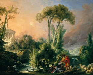 Paysage fluvial avec temple antique